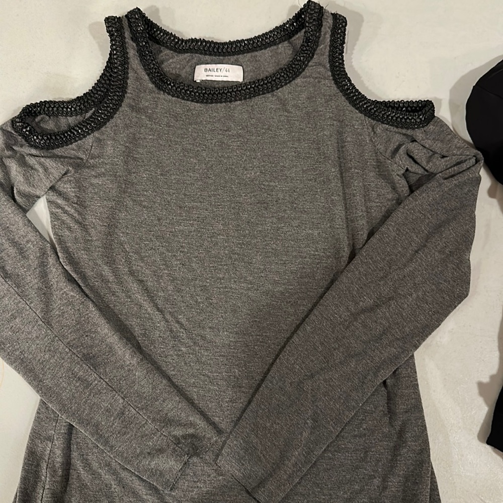 Bailey 44 Med open shoulder top with faux leather accent